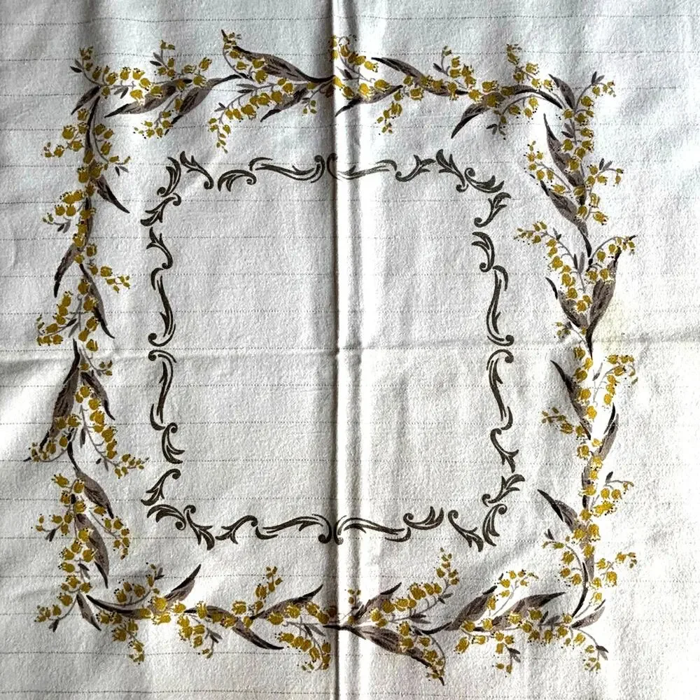 Vintage Tablecloth Cotton blend gray gold floral border print silver metallic